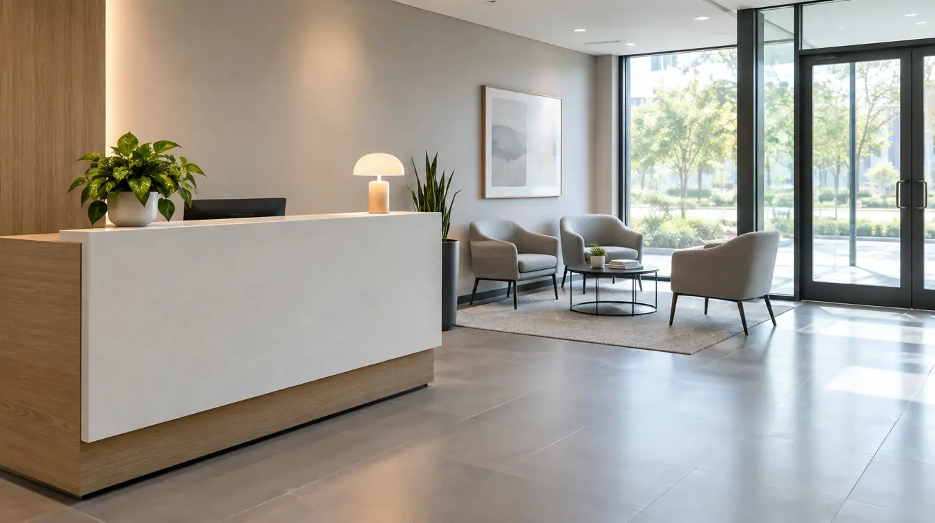 Empty reception desk and lobby of a small office