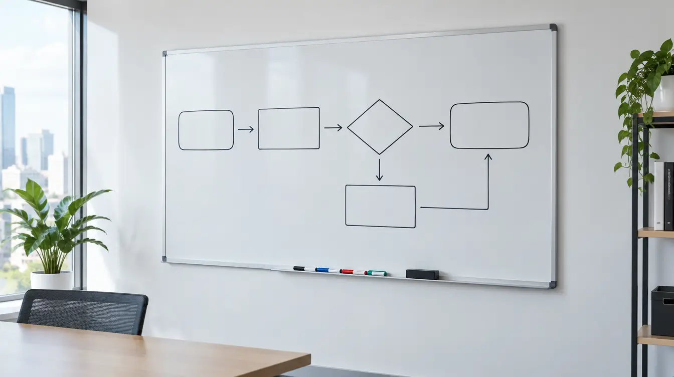Blank process boxes on a whiteboard in a bright office