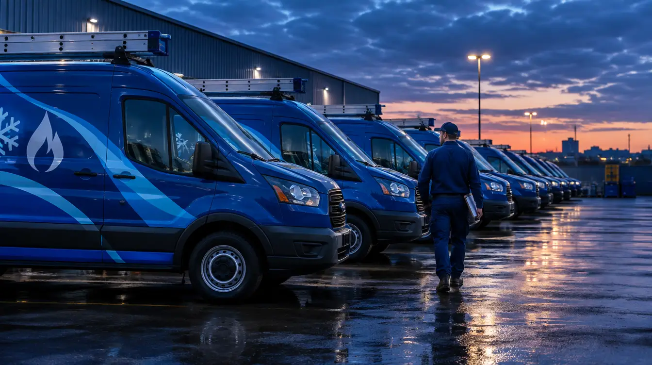 Row of white HVAC service vans parked at a fleet yard at dusk