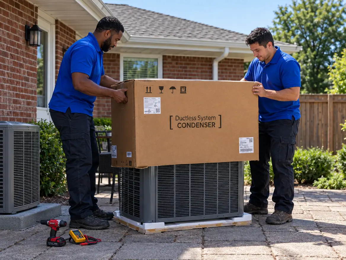 Two HVAC technicians unboxing an outdoor condenser unit on a residential patio